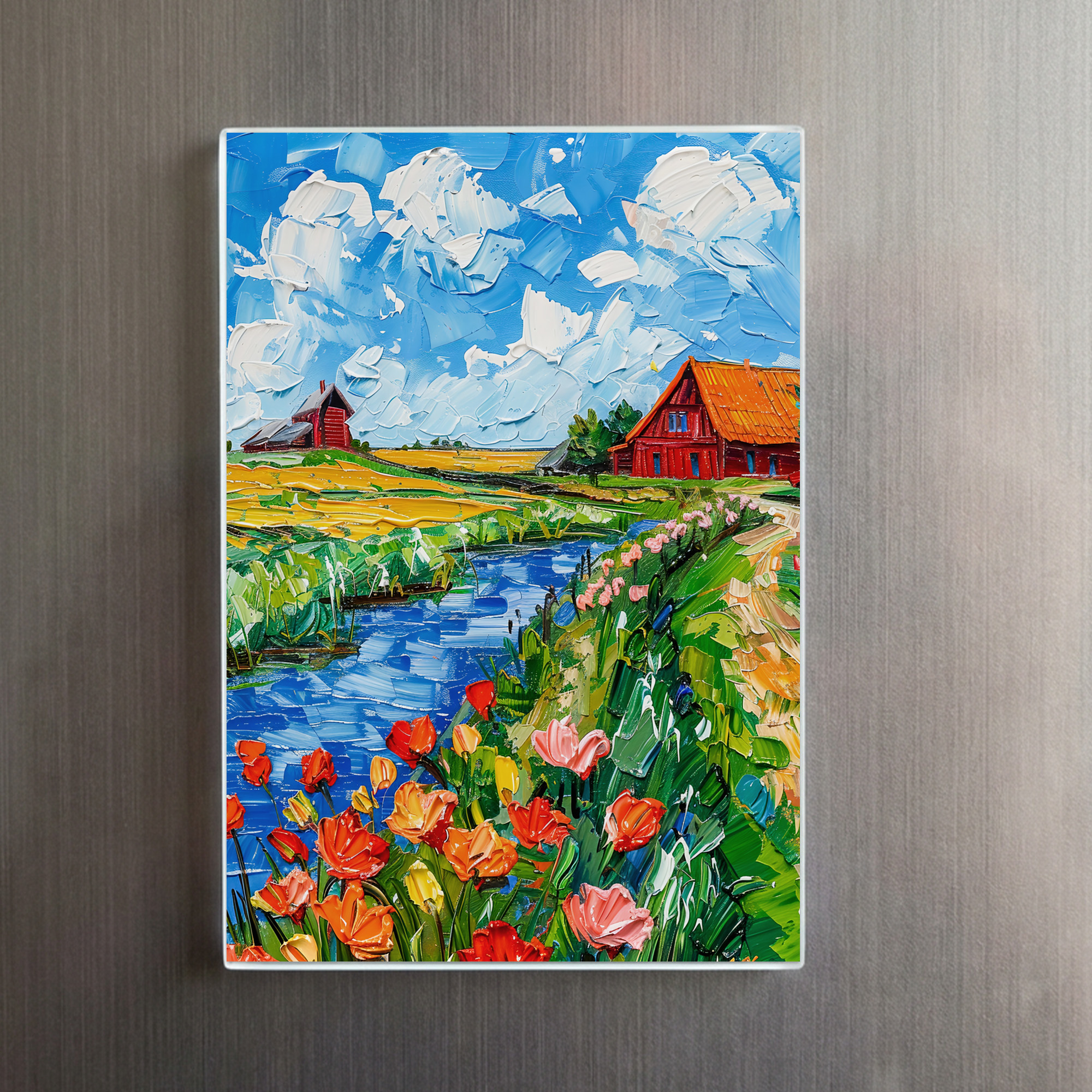 raxxa Glas-Magnet: Tulip Fields with Barn and Stream Fantasy Painting - immagine 2