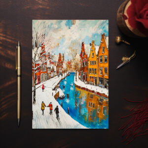 raxxa Postkarte: Winter Canal with Snowy Streets and Colorful Houses Painting