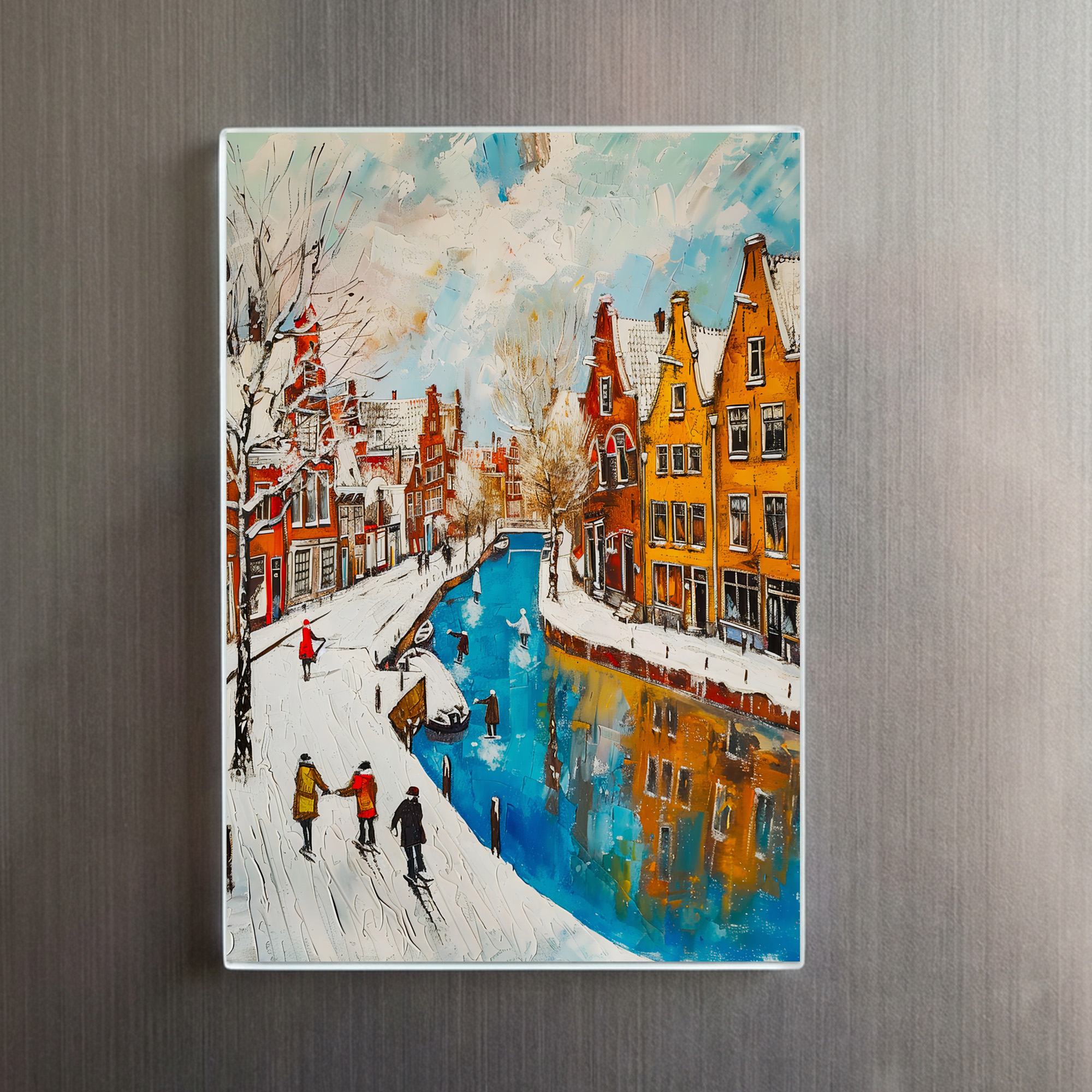 raxxa Glas-Magnet: Winter Canal with Snowy Streets and Colorful Houses Painting - immagine 2