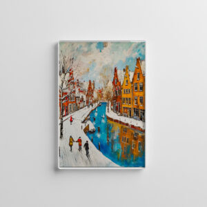 raxxa Glas-Magnet: Winter Canal with Snowy Streets and Colorful Houses Painting