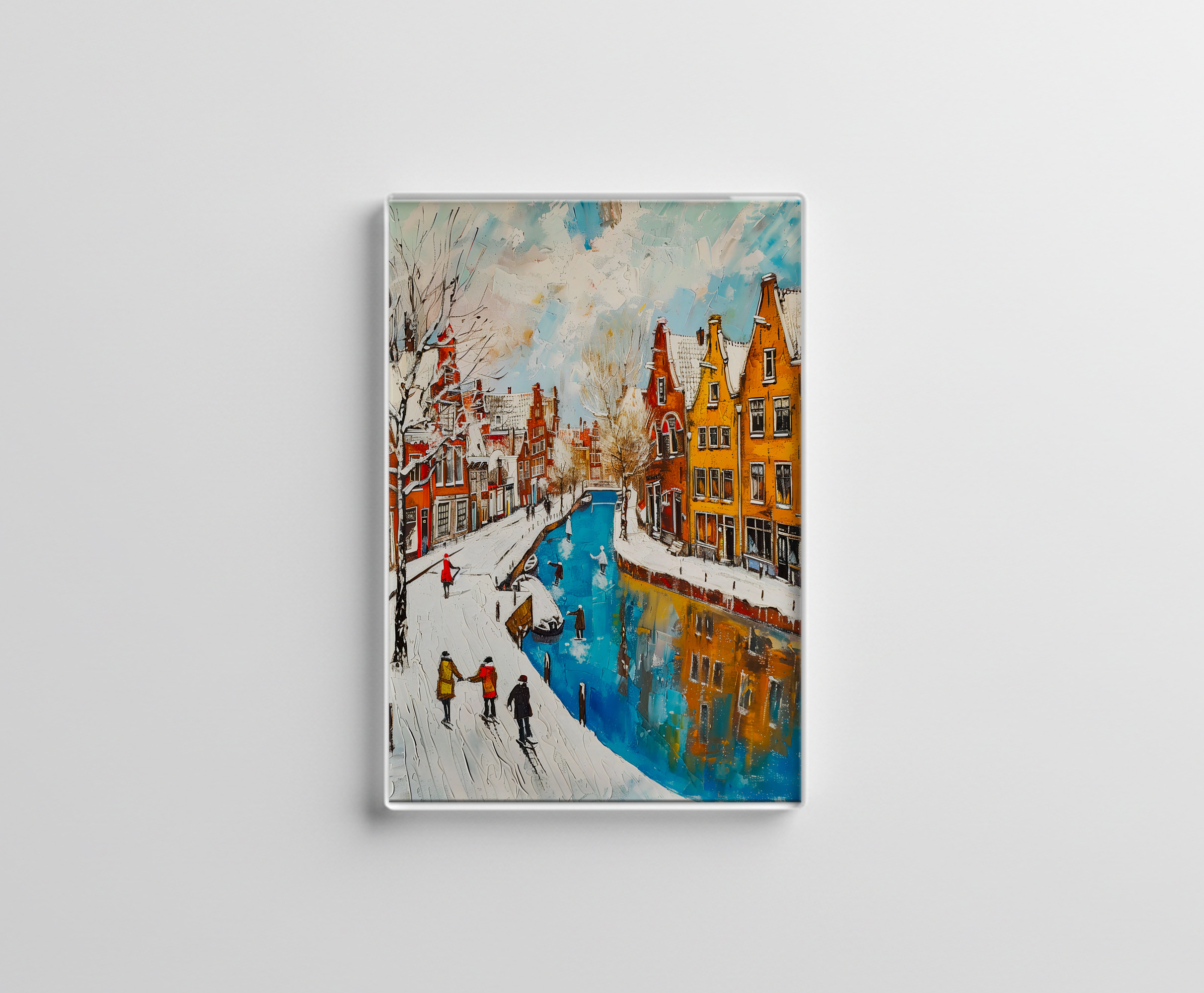 raxxa Glas-Magnet: Winter Canal with Snowy Streets and Colorful Houses Painting