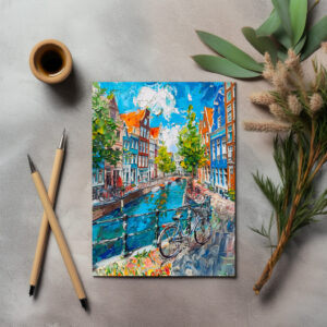 raxxa Postkarte: Canal with Bicycles and Colorful Houses Painting