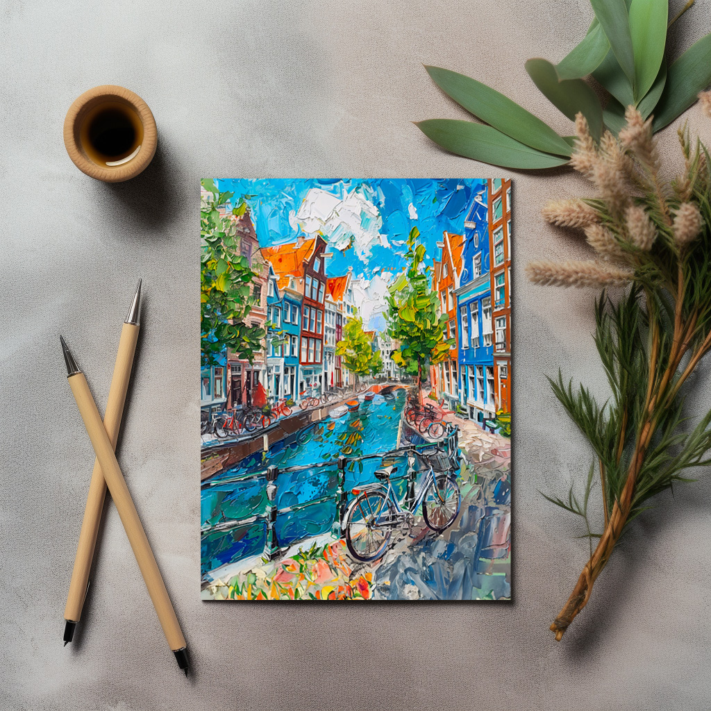 raxxa Postkarte: Canal with Bicycles and Colorful Houses Painting