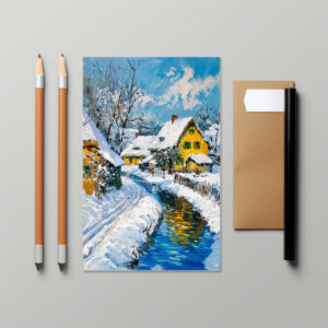 raxxa Postkarte: Snowy Village with Stream and Trees Fantasy Painting