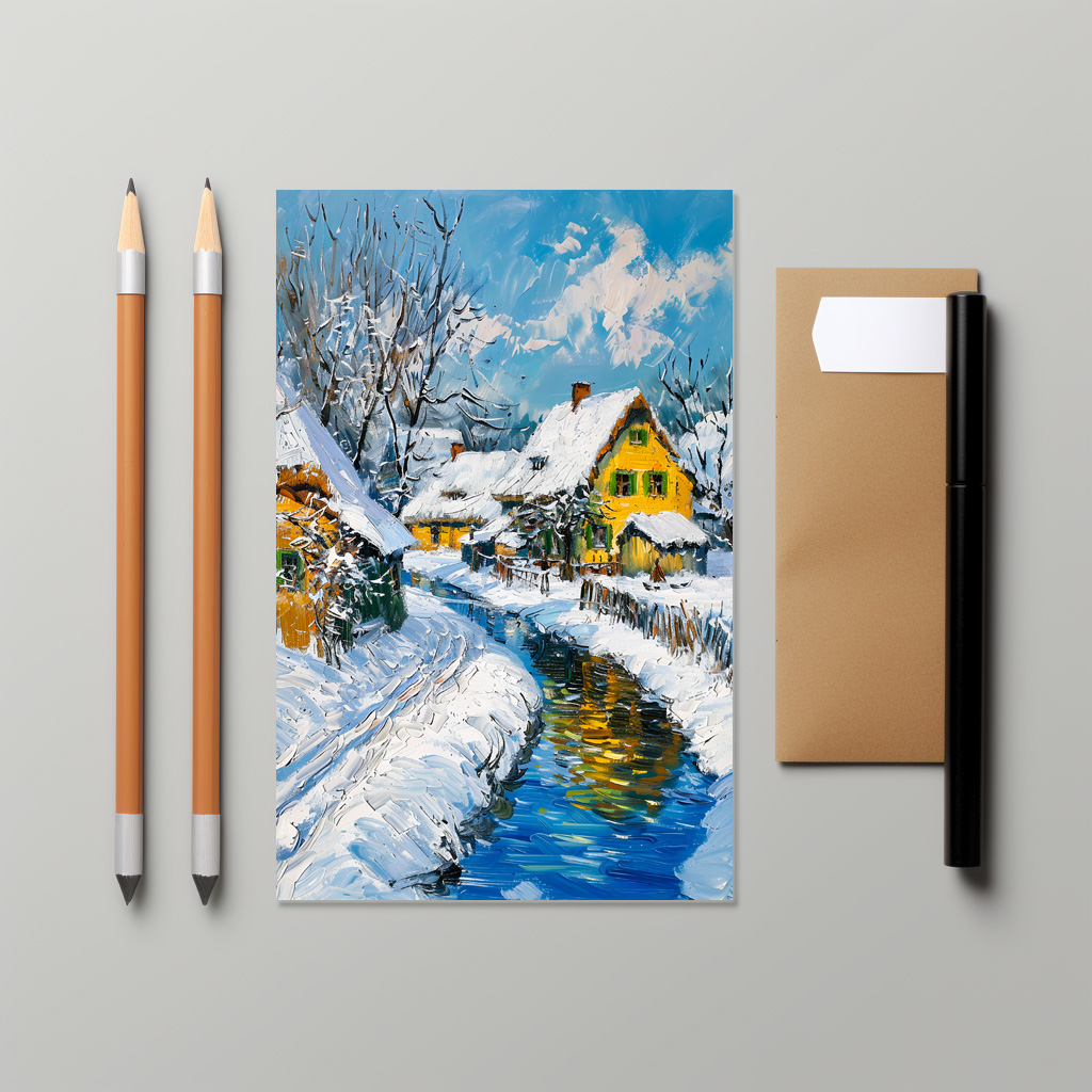 raxxa Postkarte: Snowy Village with Stream and Trees Fantasy Painting