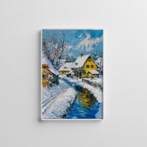 raxxa Glas-Magnet: Snowy Village with Stream and Trees Fantasy Painting