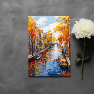 raxxa Postkarte: Autumn Canal with Boats and Colorful Houses Painting