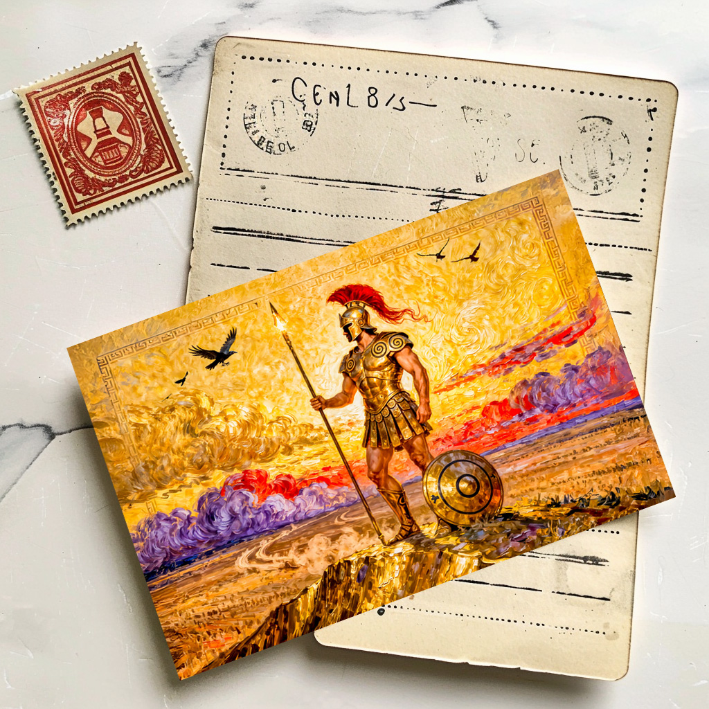 raxxa Postkarte: Ares in Armor Standing on Mountain with Spear