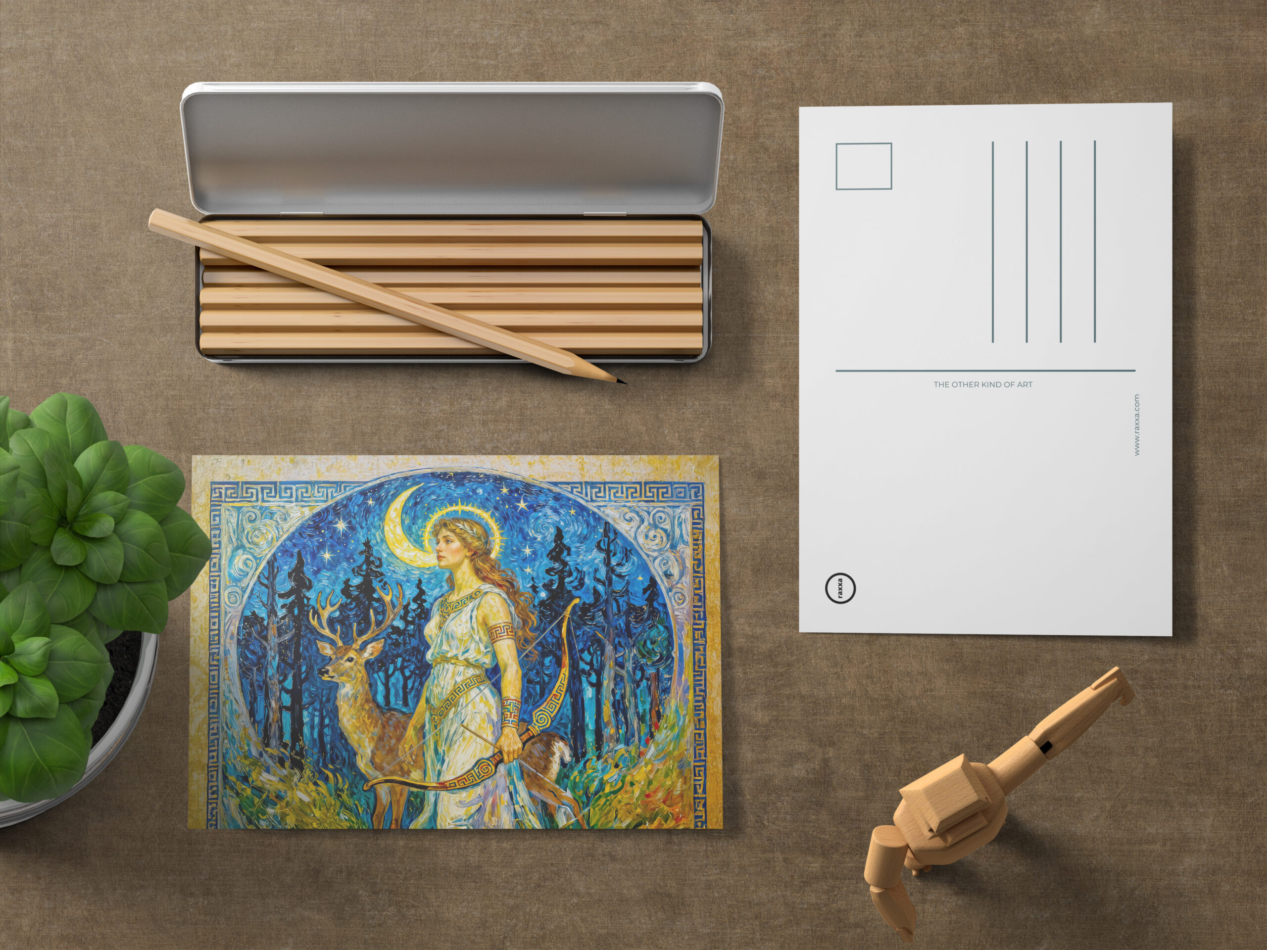 raxxa Postkarte: Artemis with Deer and Bow in a Starry Forest Night