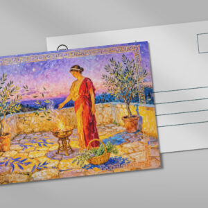 raxxa Postkarte: Hestia Lighting a Sacred Fire on Terrace with Olive Trees at Night
