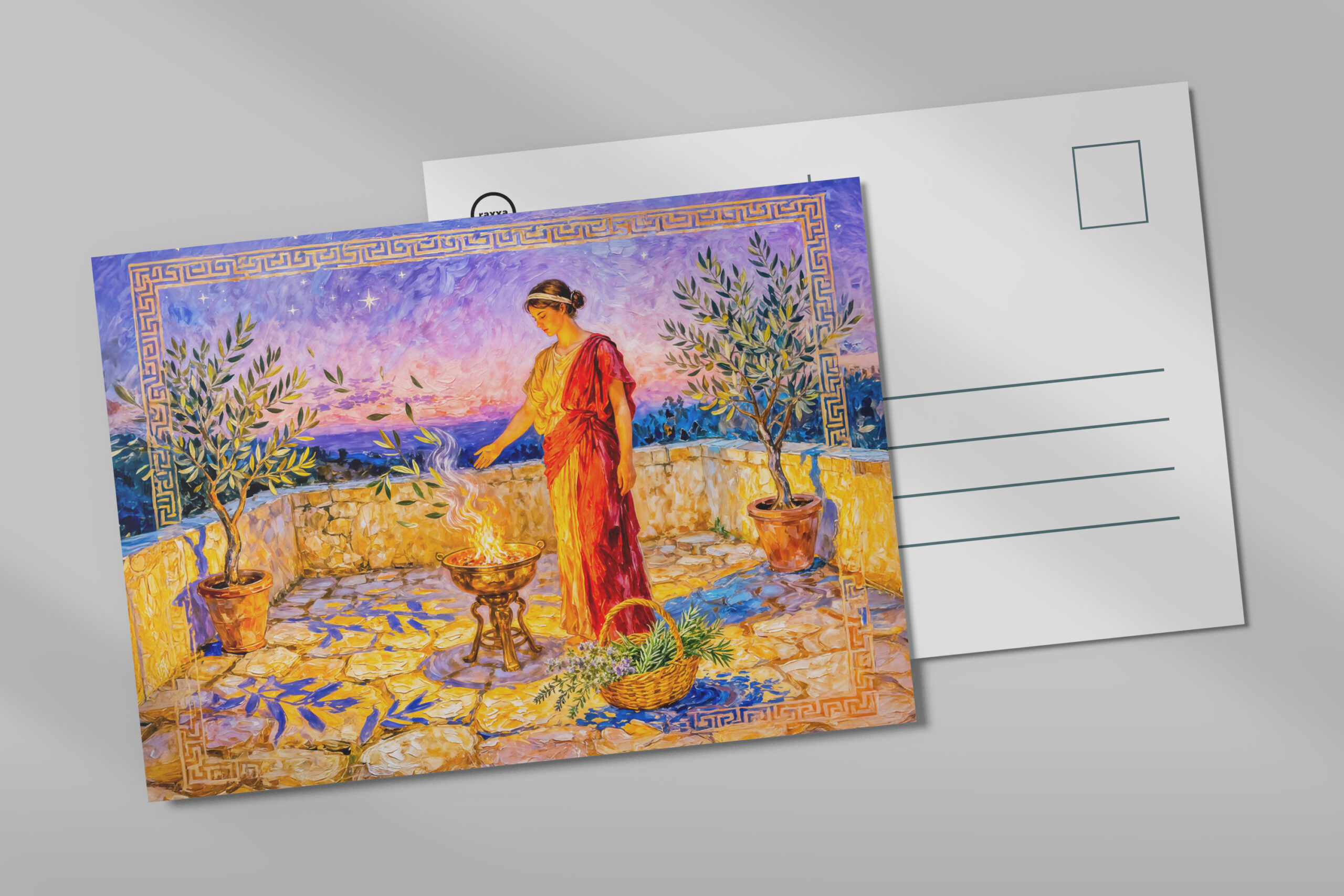 raxxa Postkarte: Hestia Lighting a Sacred Fire on Terrace with Olive Trees at Night