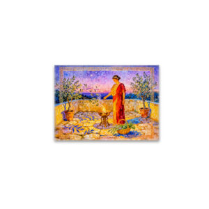 raxxa Glas-Magnet: Hestia Lighting a Sacred Fire on Terrace with Olive Trees at Night