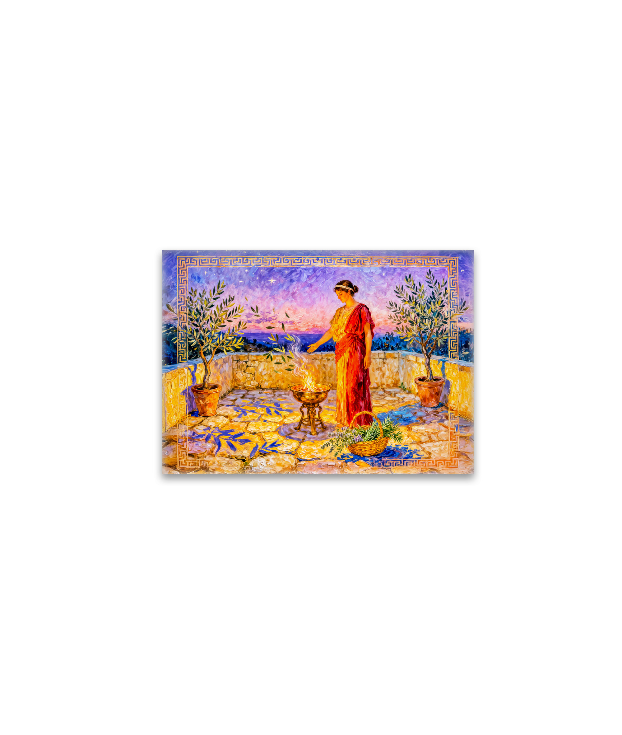 raxxa Glas-Magnet: Hestia Lighting a Sacred Fire on Terrace with Olive Trees at Night