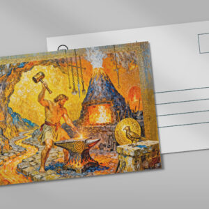 raxxa Postkarte: Hephaestus in Forge with Hammer, Anvil, Volcano Furnace and Lava Flow