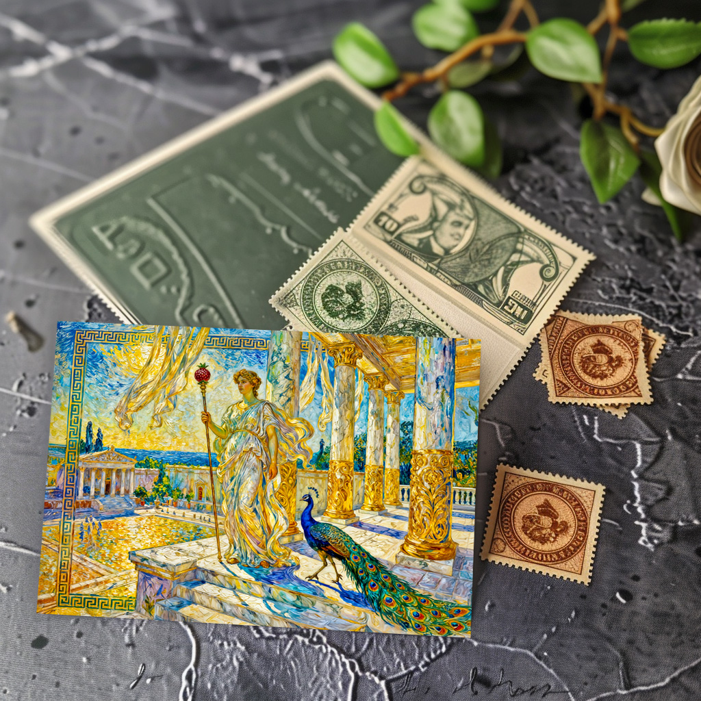 raxxa Postkarte: Hera with Peacock and Pomegranate Scepter in Temple Hall