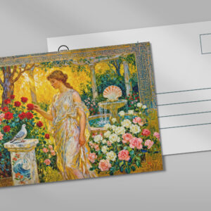 raxxa Postkarte: Aphrodite in Rose Garden with Fountain, Shell and Dove on Ledge