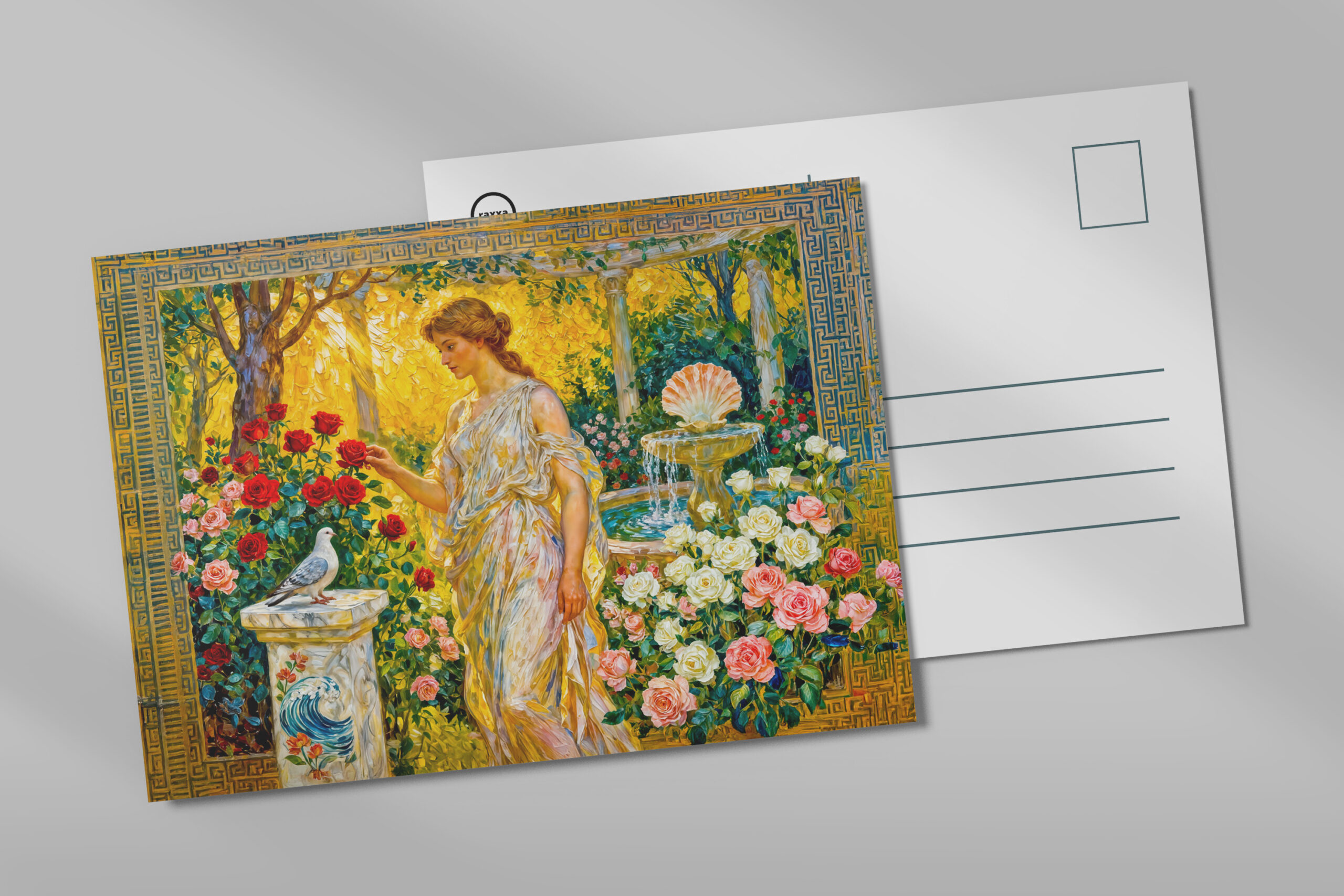 raxxa Postkarte: Aphrodite in Rose Garden with Fountain, Shell and Dove on Ledge