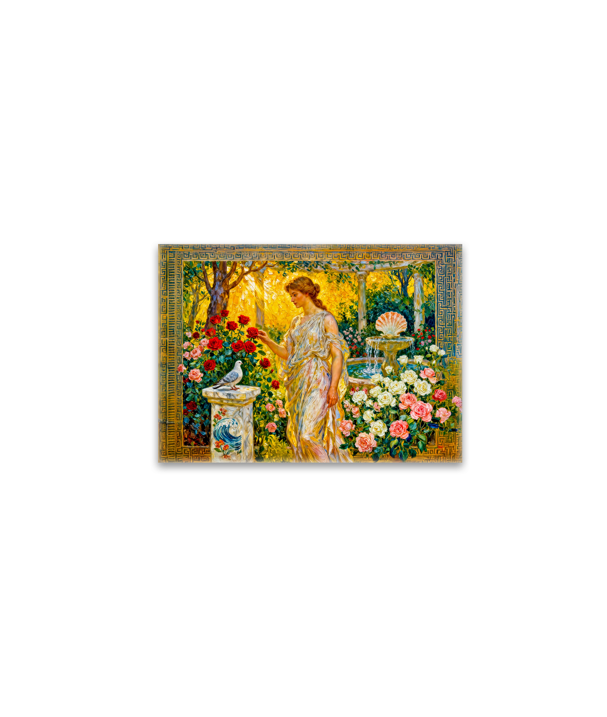 raxxa Glas-Magnet: Aphrodite in Rose Garden with Fountain, Shell and Dove on Ledge