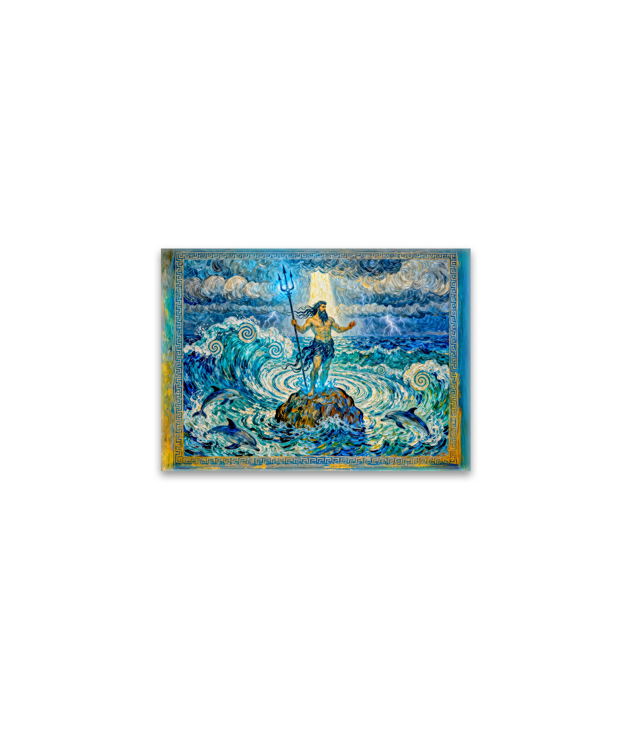 raxxa Glas-Magnet: Poseidon on Sea Rocks with Trident and Dolphins