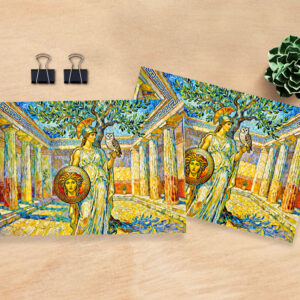 raxxa Postkarte: Athena with Owl and Shield by Olive Tree in Temple Courtyard