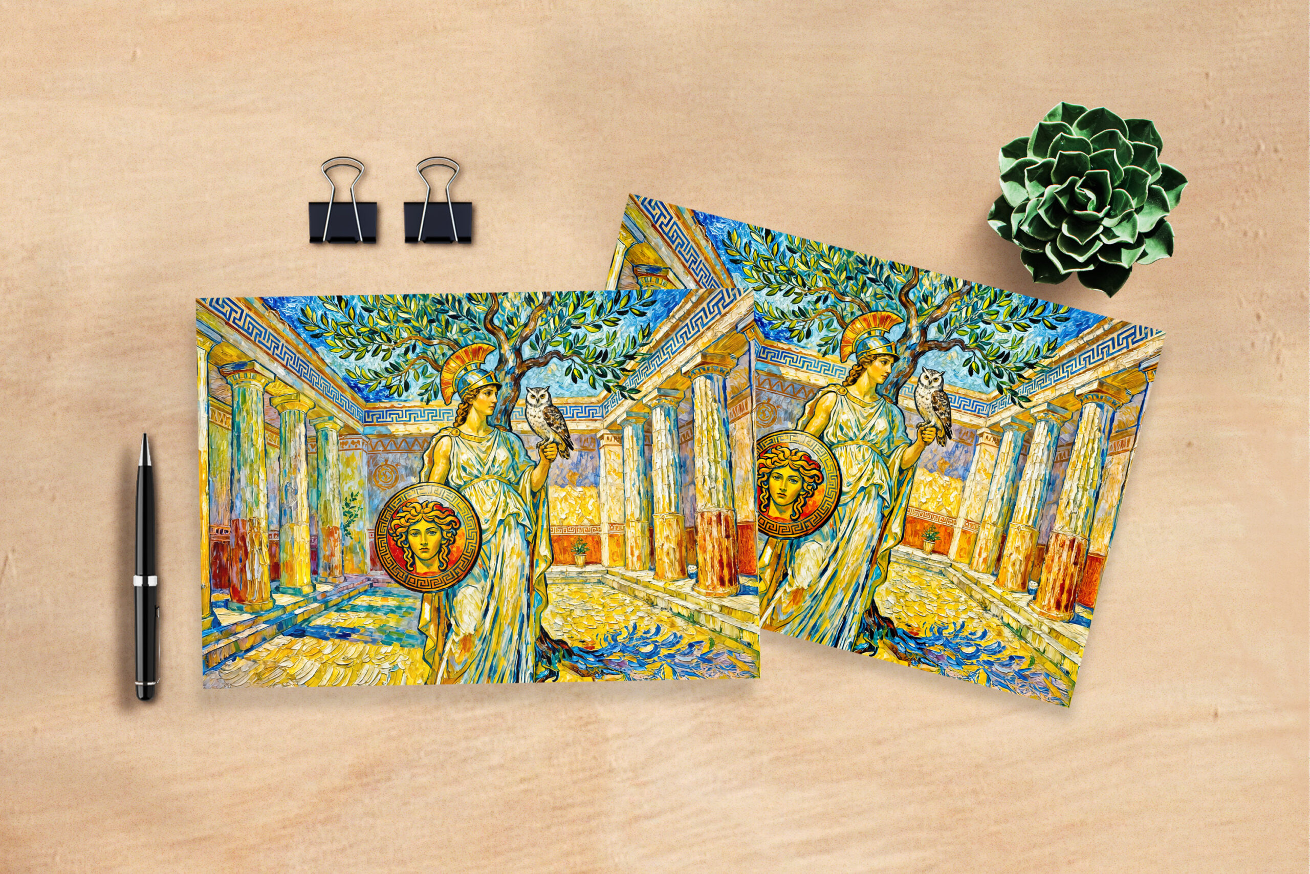 raxxa Postkarte: Athena with Owl and Shield by Olive Tree in Temple Courtyard