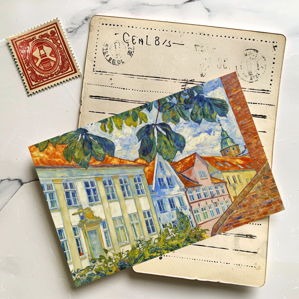raxxa Postkarte: Impressionist Town Scene in Glueckstadt with Historic Architecture