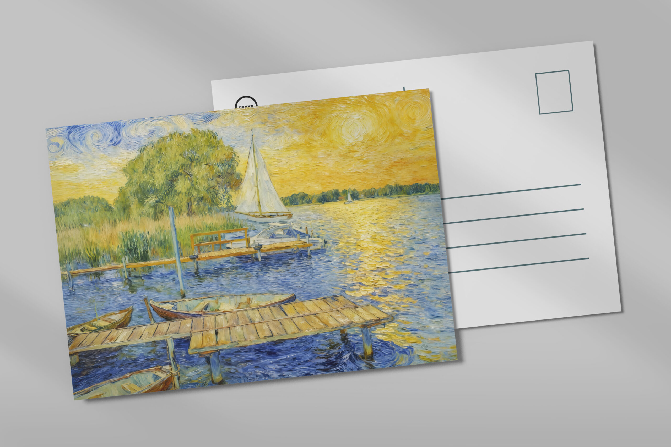 raxxa Postkarte: Impressionist Lakeside Pier on the Wannsee with Boats and Reflections