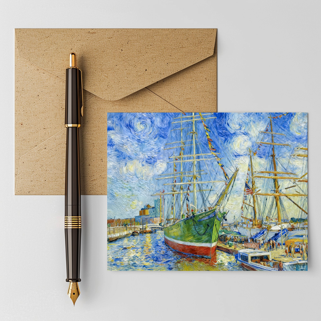 raxxa Postkarte: Impressionist Tall Ship in Hamburg Harbor with Reflections