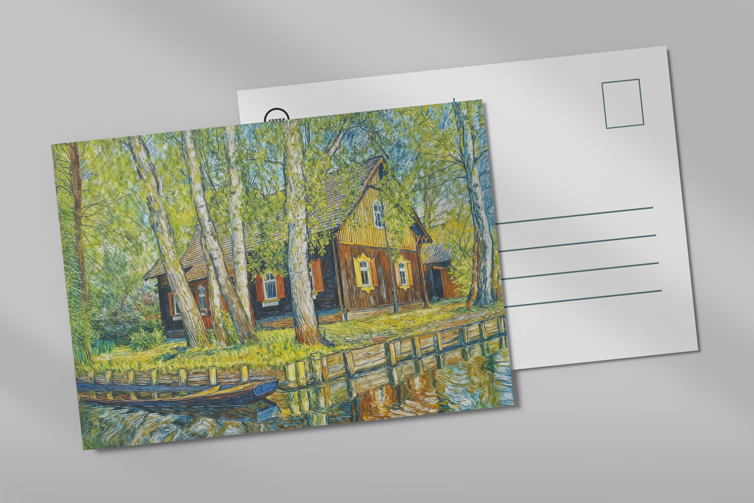 raxxa Postkarte: Impressionist Spreewald House by a Quiet Canal with Wooden Boat