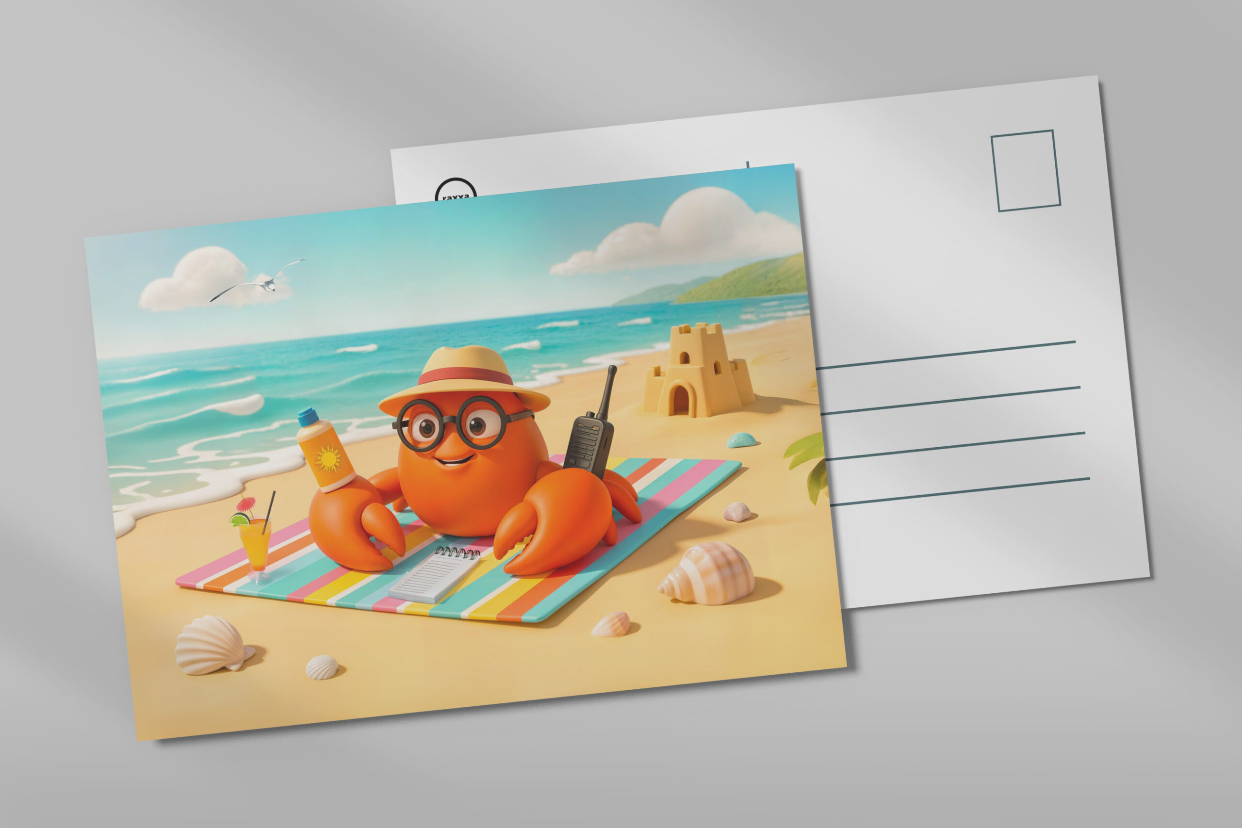 raxxa Postkarte: Spy Crab Relaxing On Beach With Mission Gear
