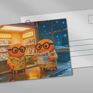 raxxa Postkarte: Spy Crabs Investigating Colorful Japanese Newsstand Scene
