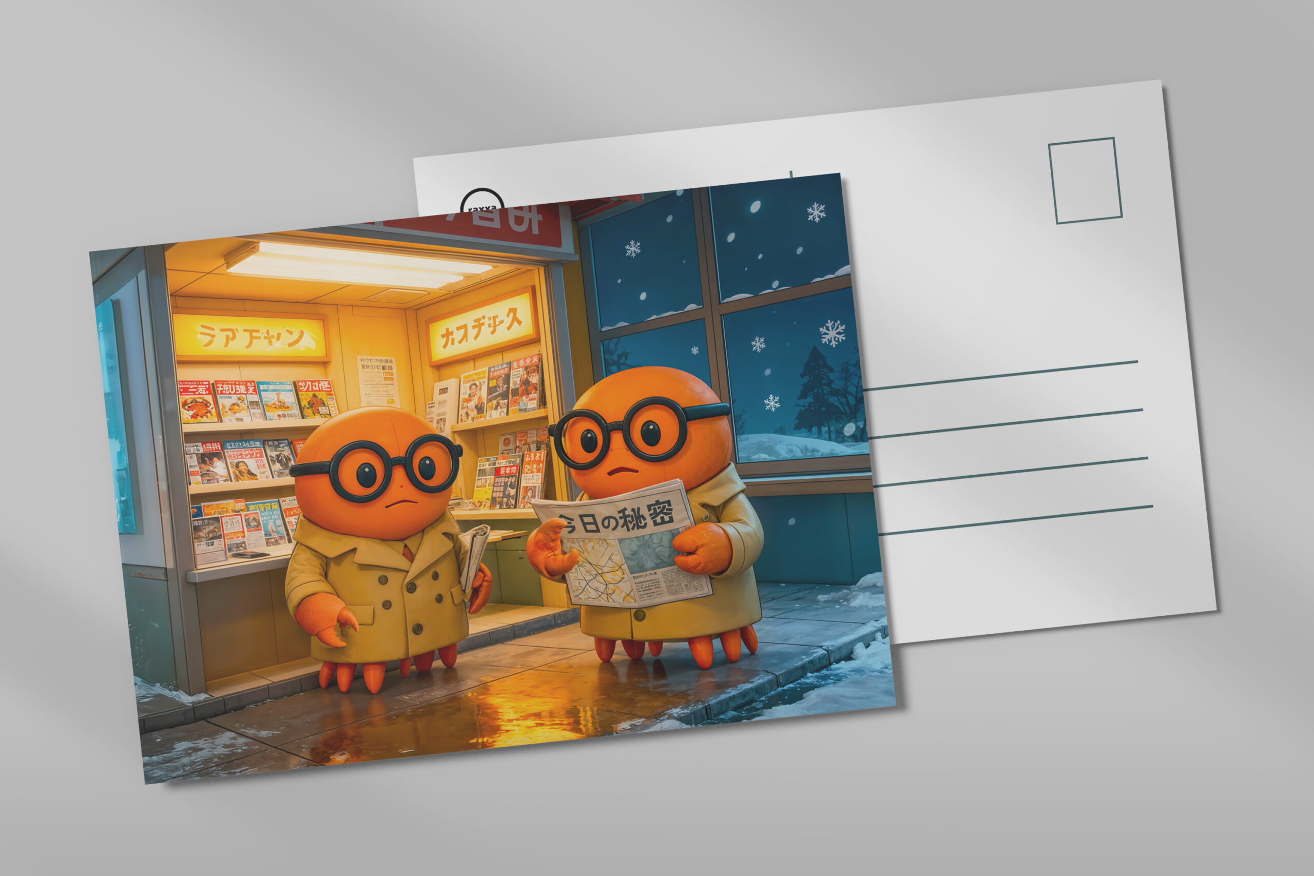 raxxa Postkarte: Spy Crabs Investigating Colorful Japanese Newsstand Scene