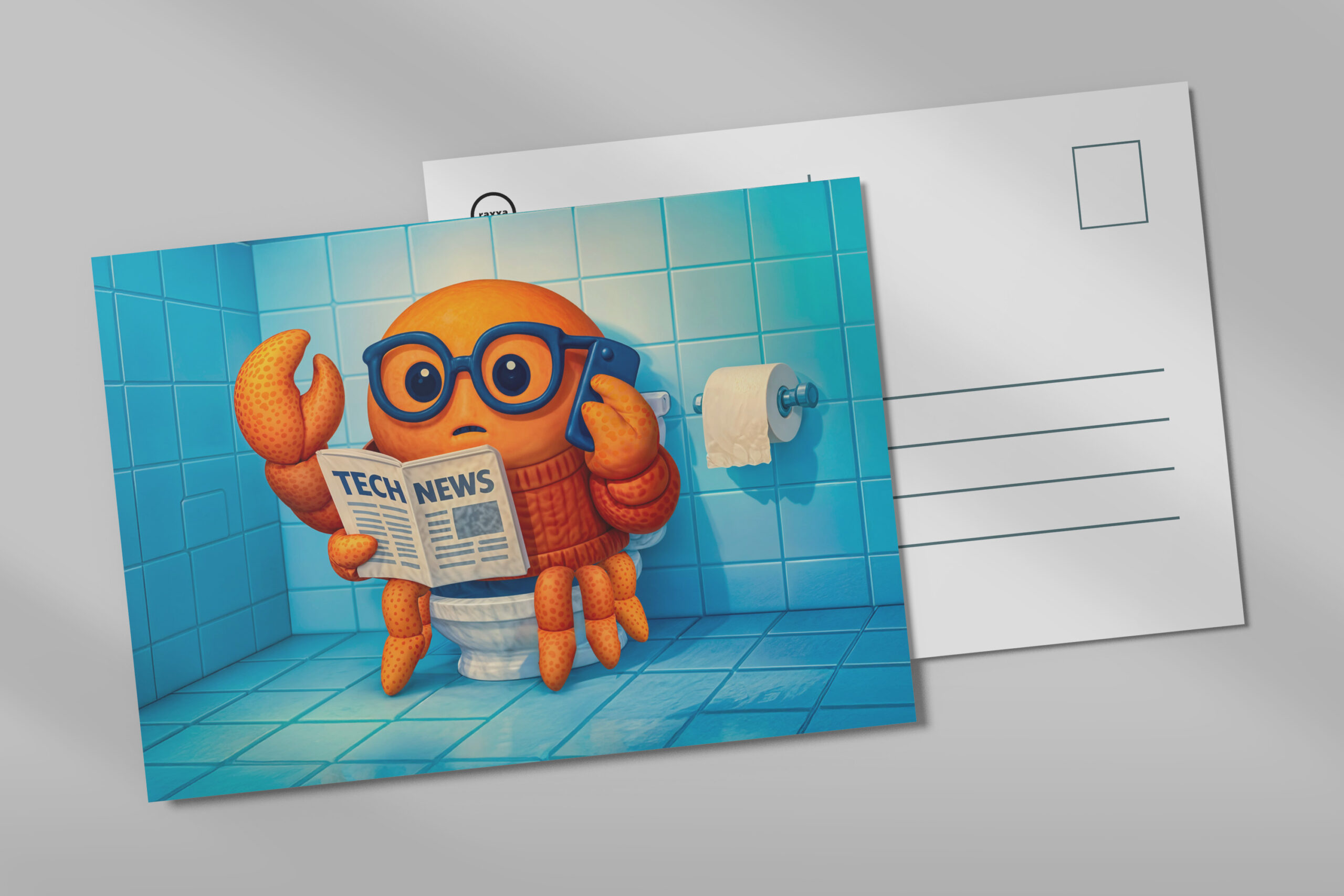 raxxa Postkarte: Funny Spy Crab Reading Tech News Magazine