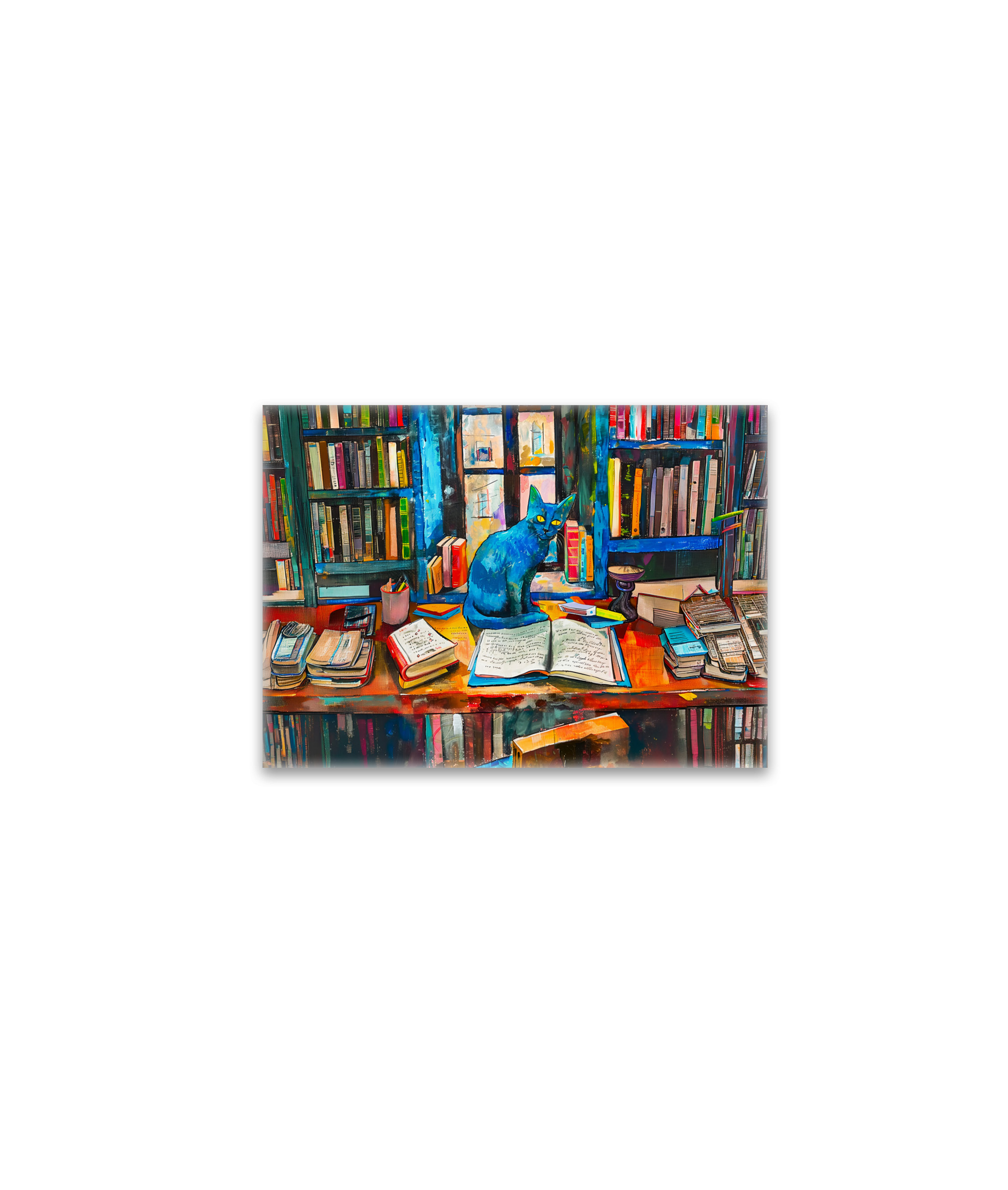 raxxa Glas-Magnet: Cat sitting Among Open Books on table