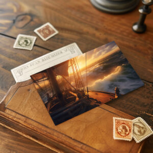 raxxa Postkarte: Segelschiff im Sonnenuntergang mit hohen Wellen