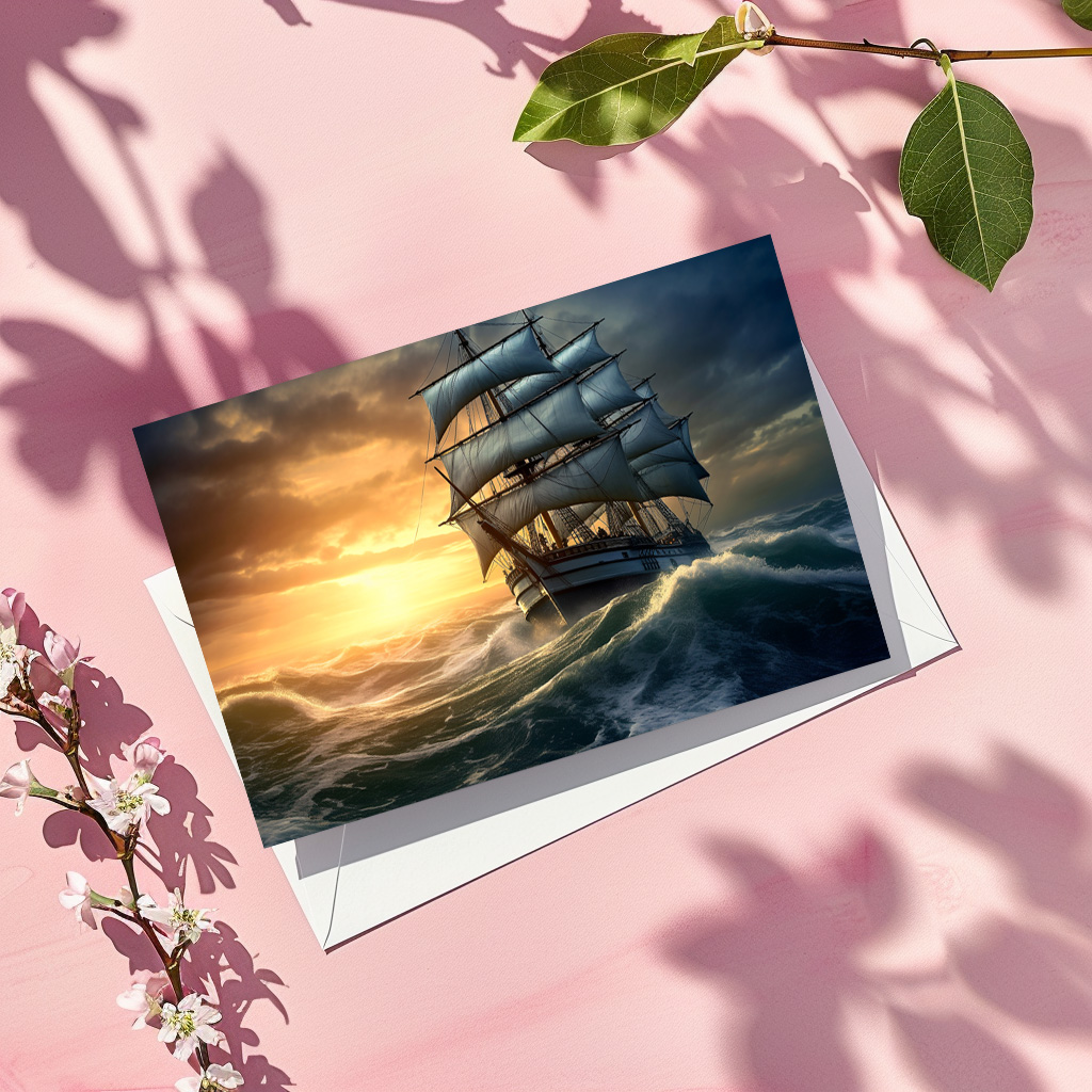 raxxa Postkarte: Segelschiff in hohen Wellen am Abend