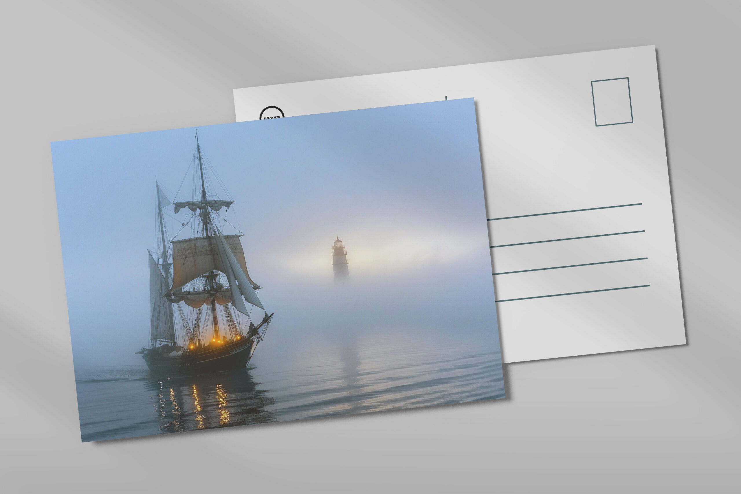 raxxa Postkarte: Segelschiff und Leuchtturm im Nebel