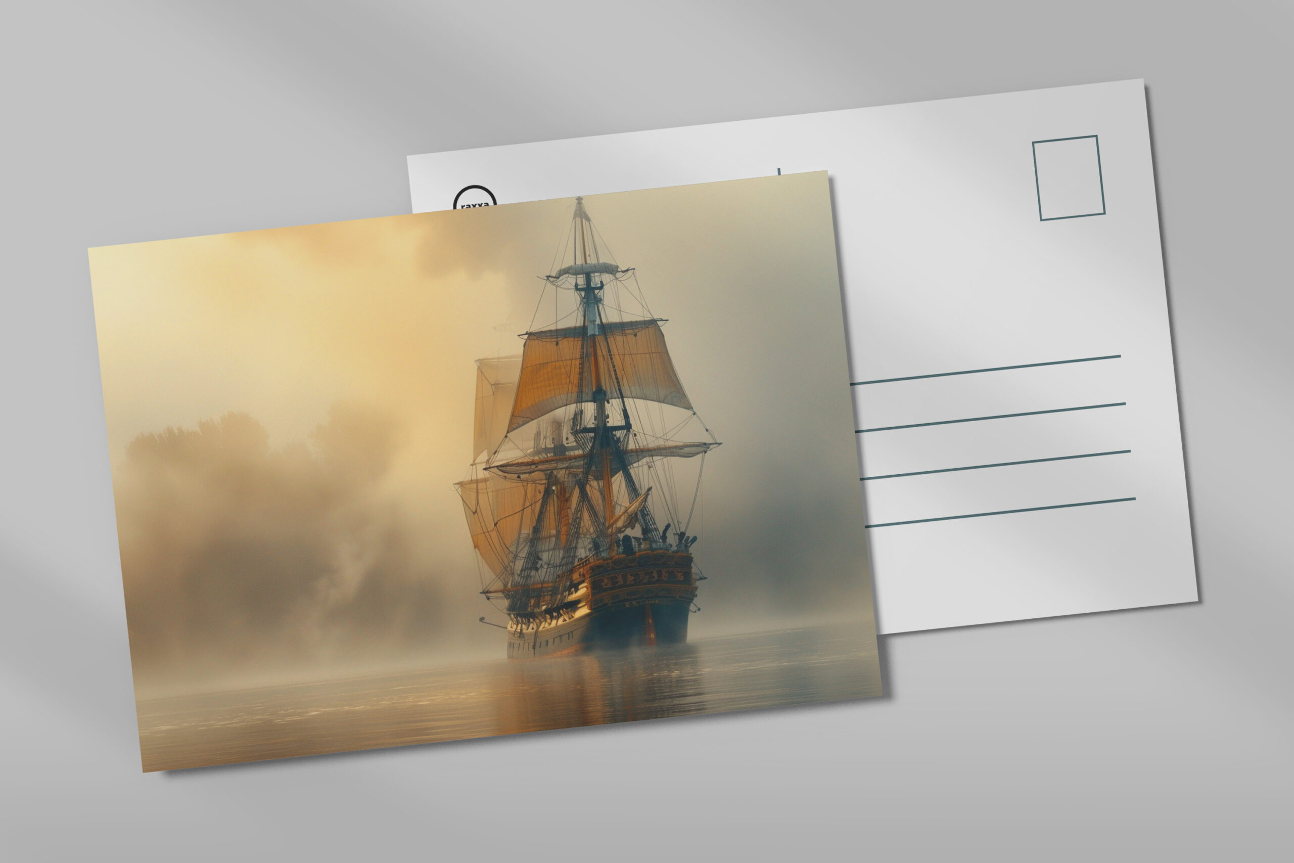 raxxa Postkarte: Historisches Segelschiff an der Küste im Nebel