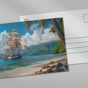 raxxa Postkarte: Historisches Segelschiff an einer Palmeninsel vor Anker