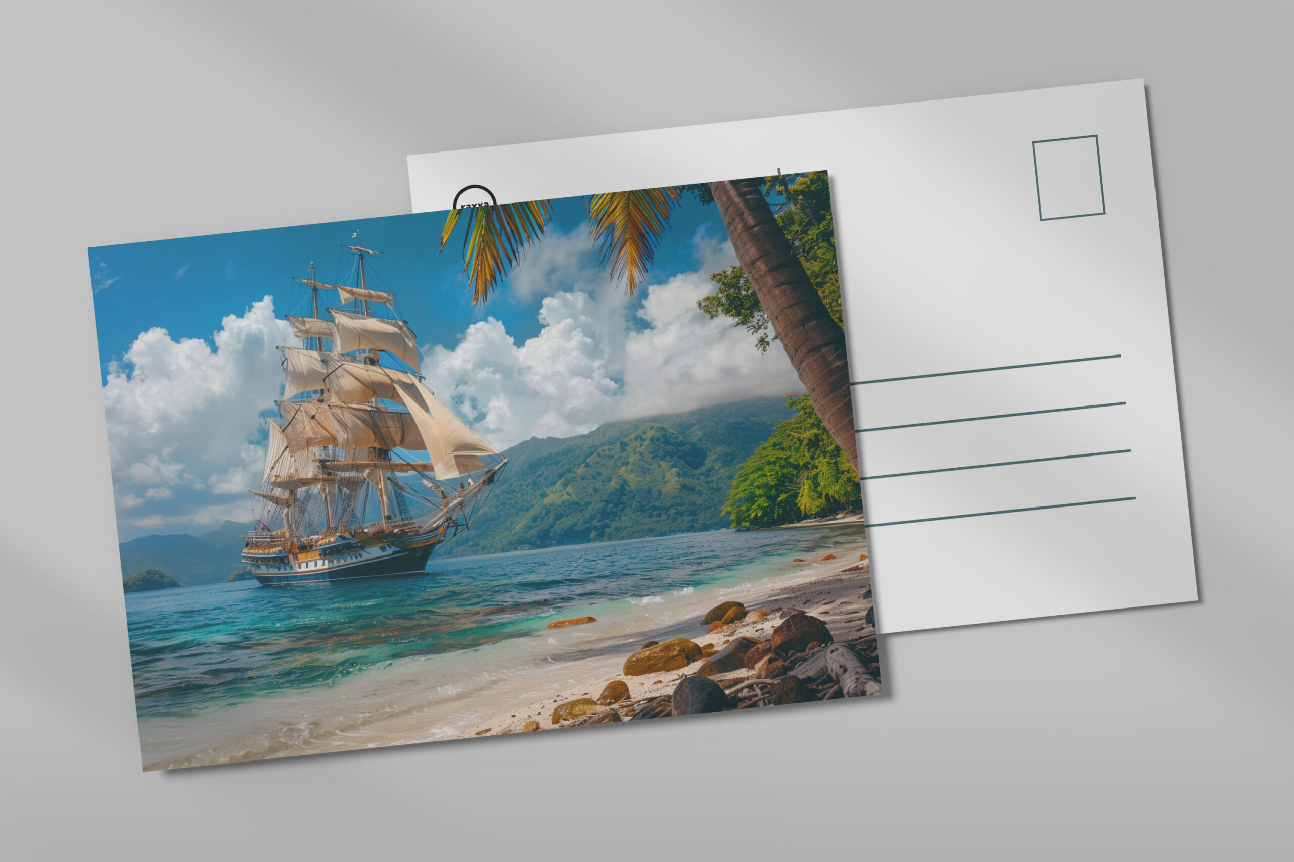 raxxa Postkarte: Historisches Segelschiff an einer Palmeninsel vor Anker