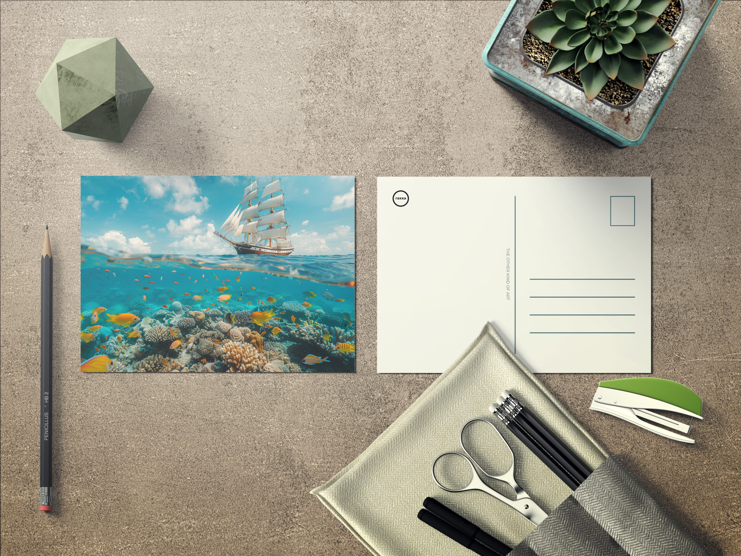raxxa Postkarte: Segelschiff und Korallen mit Fischen