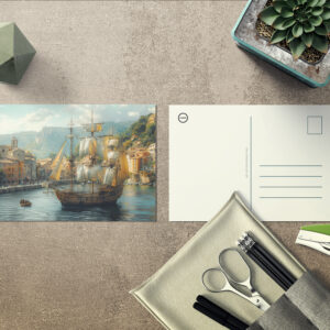 raxxa Postkarte: Historisches Segelschiff vor mittelalterlicher Stadt