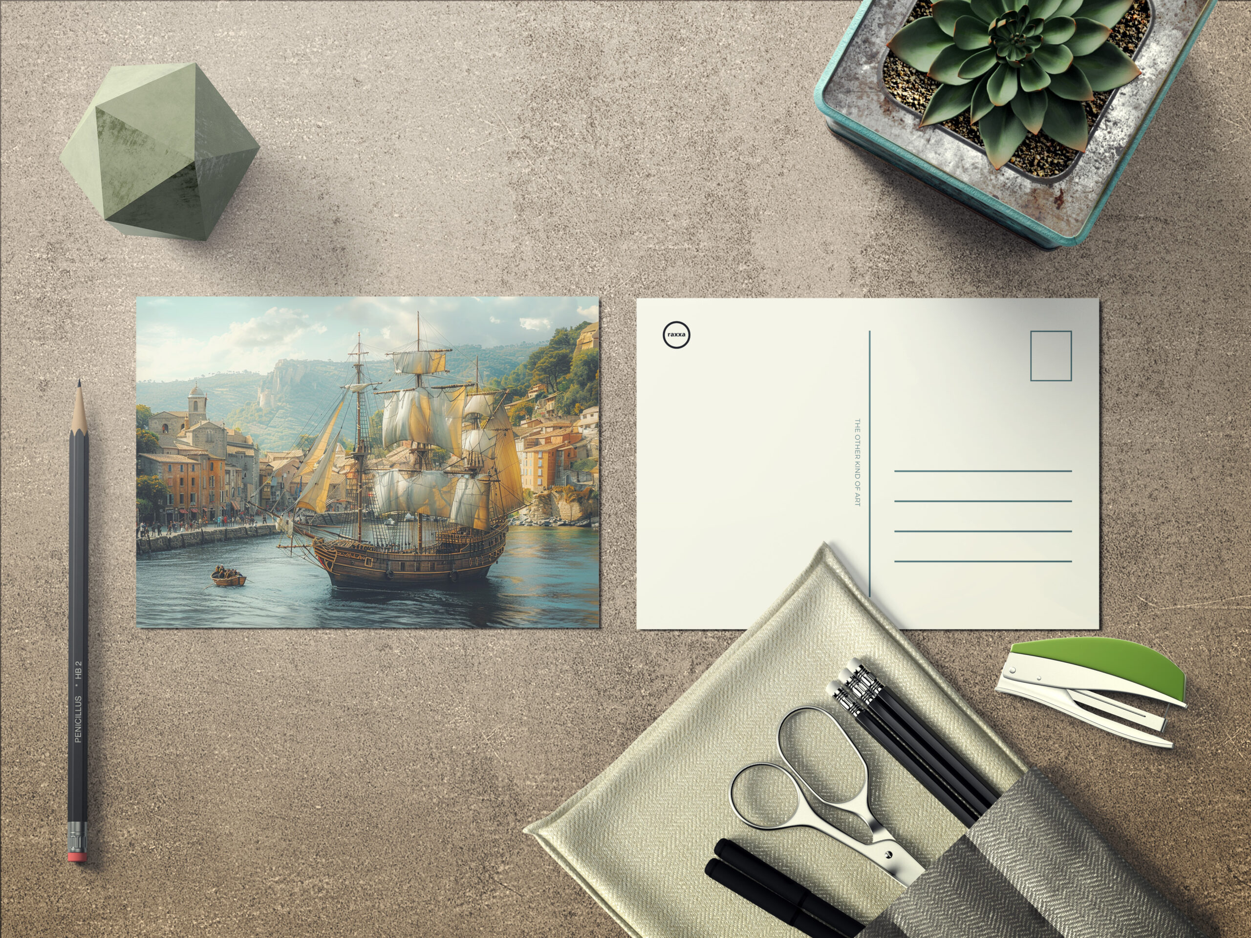 raxxa Postkarte: Historisches Segelschiff vor mittelalterlicher Stadt
