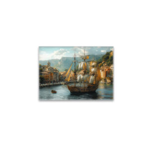 raxxa Glas-Magnet: Historisches Segelschiff vor mittelalterlicher Stadt