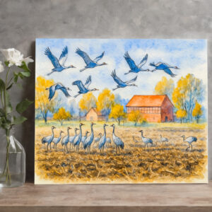 raxxa Canva: Crane in field rhinow aquarell havelland