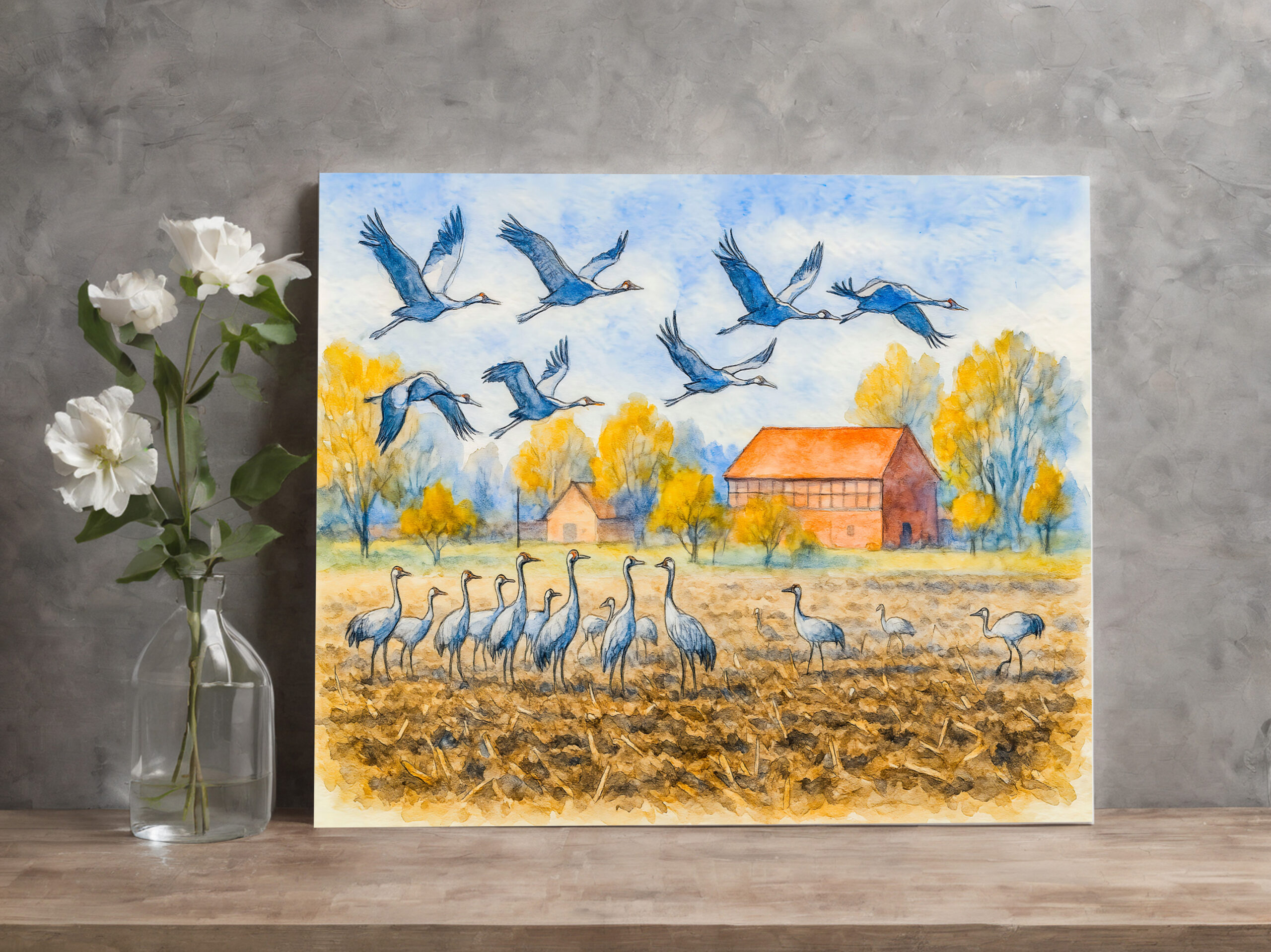 raxxa Canva: Crane in field rhinow aquarell havelland