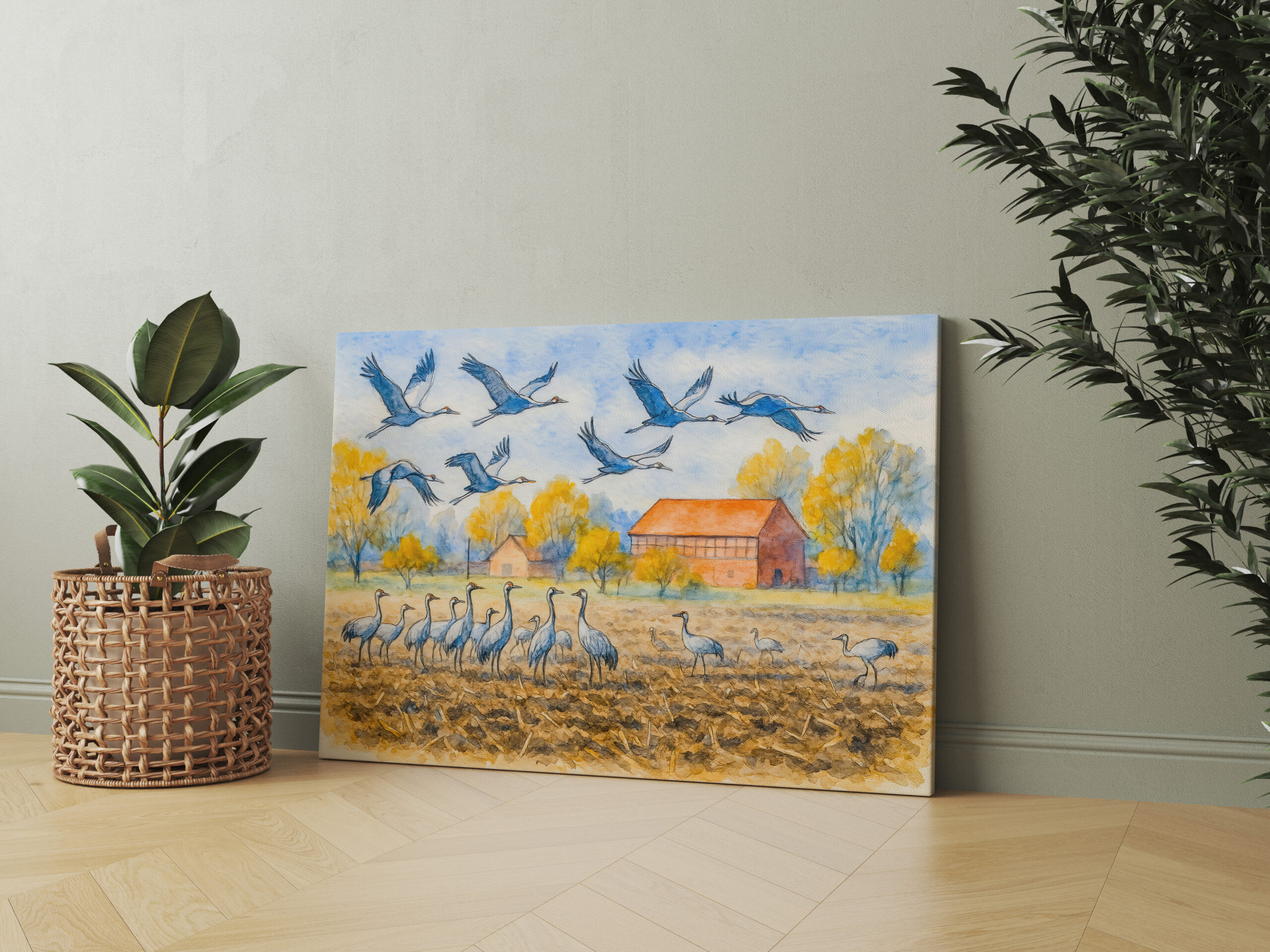 raxxa Canva: Crane in field rhinow aquarell havelland - Imagen 2