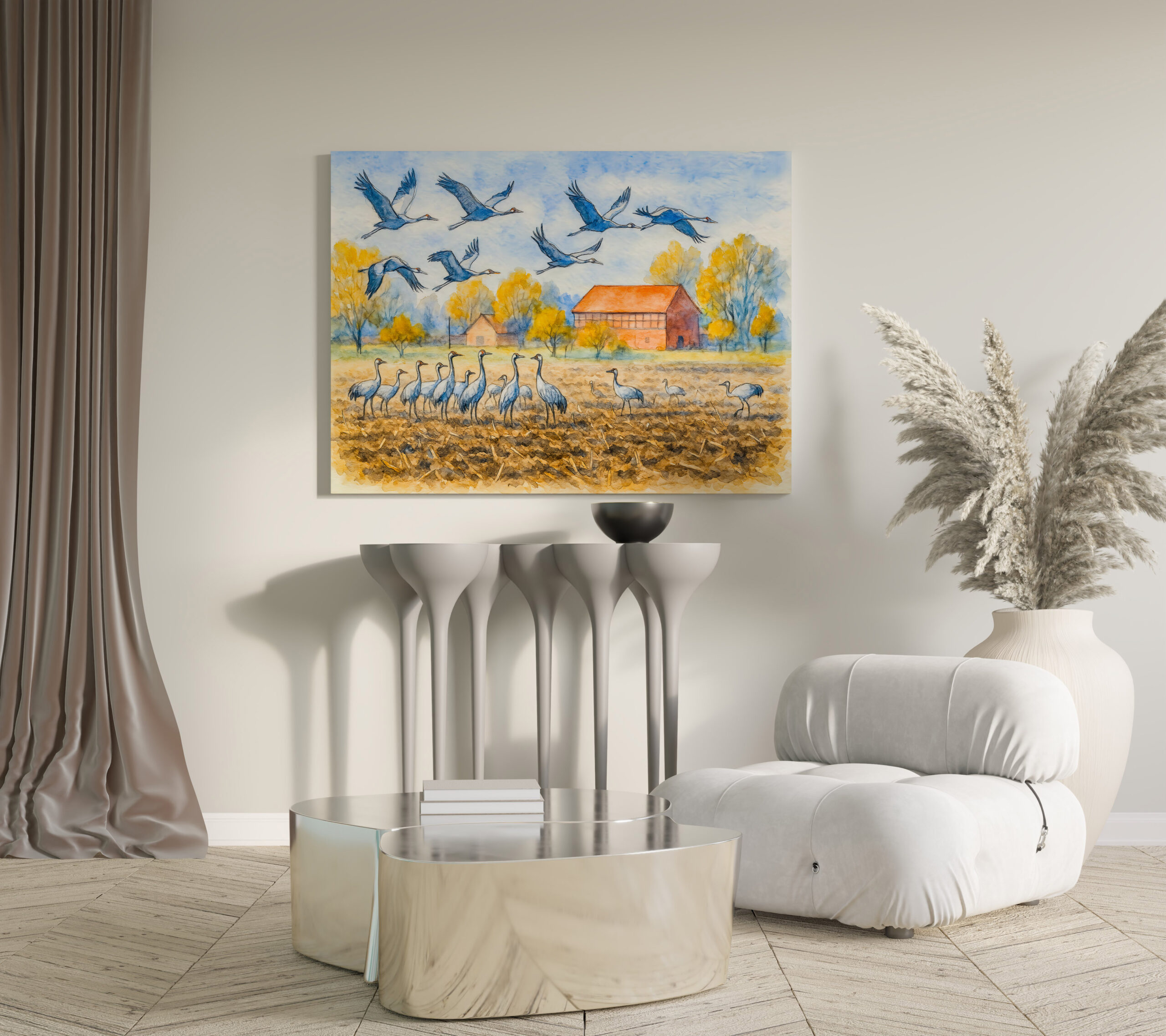 raxxa Canva: Crane in field rhinow aquarell havelland - Imagen 3