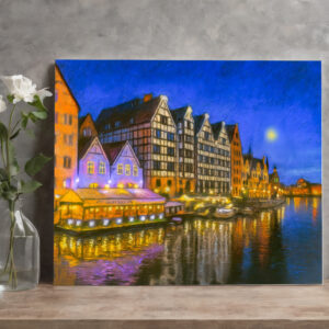 raxxa Canva: Pastel drawing of Danzig’s Motlawa waterfront at night