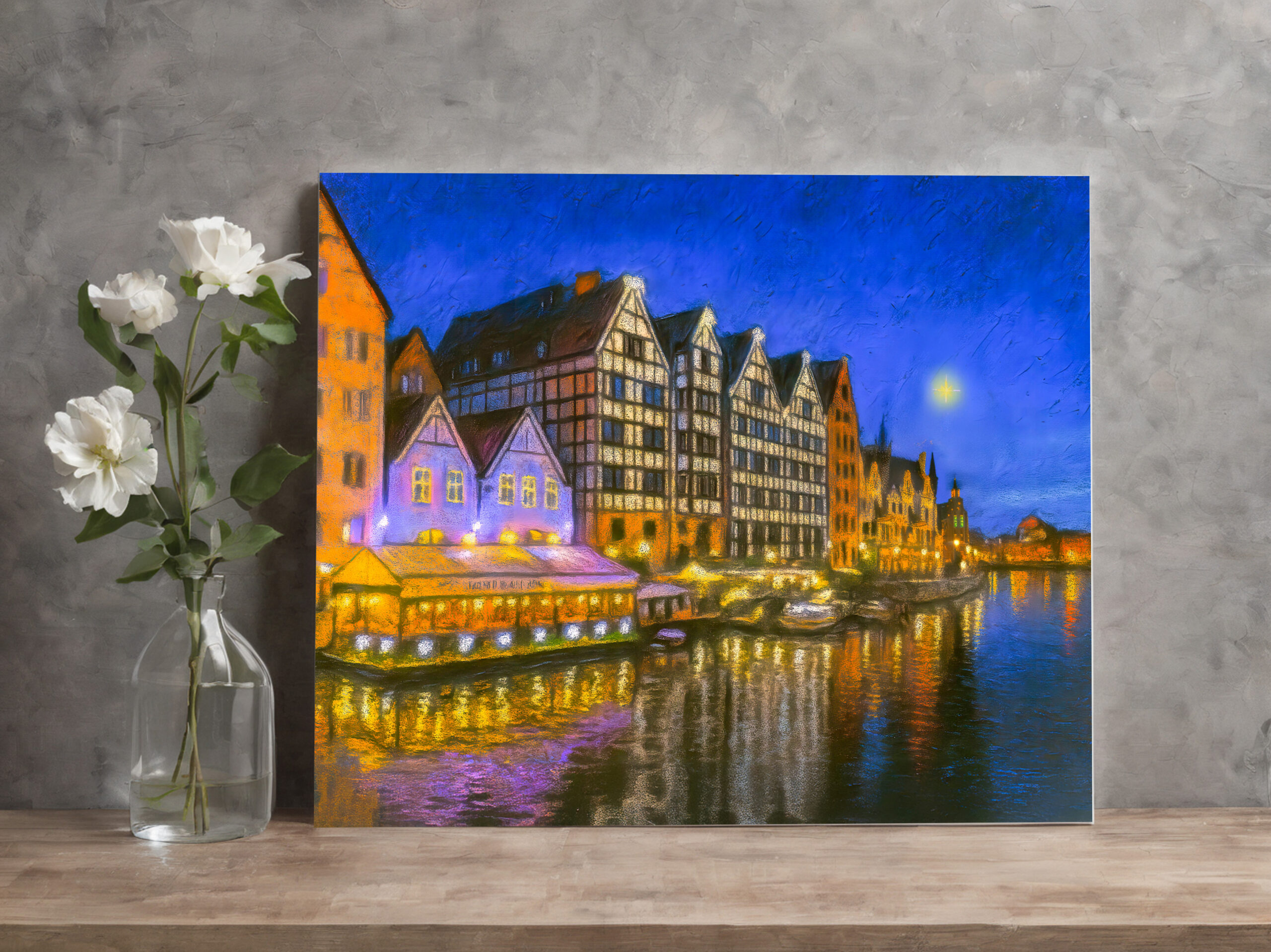 raxxa Canva: Pastel drawing of Danzig’s Motlawa waterfront at night